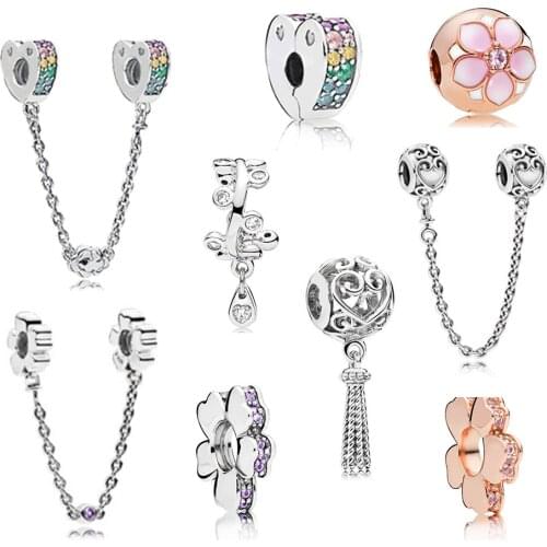 High Quality 100% S925 Sterling Silver Charm Drop Daisy Rose Gold Magnolia Colorful Rainbow Heart Safety Clip Safety Chain
