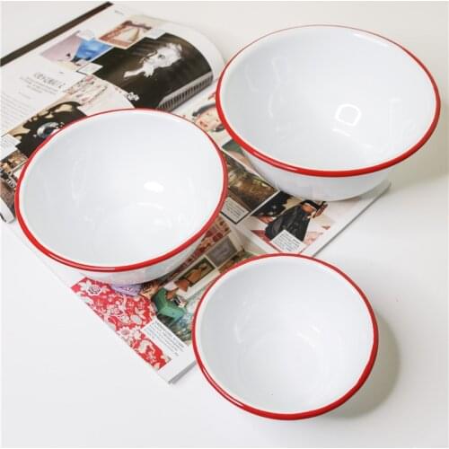 Enamel Thickened Red and Blue Edge Enamel Dessert Bowl Noodle Bowl Salad Bowl Cooking Bowl Soup Plate