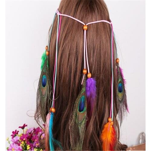 Bohemian Style Indian Pendant Feather Headband Headdress Hair Rope Headwear Tribal Hippie Handmade Hair Accessories for Women 09