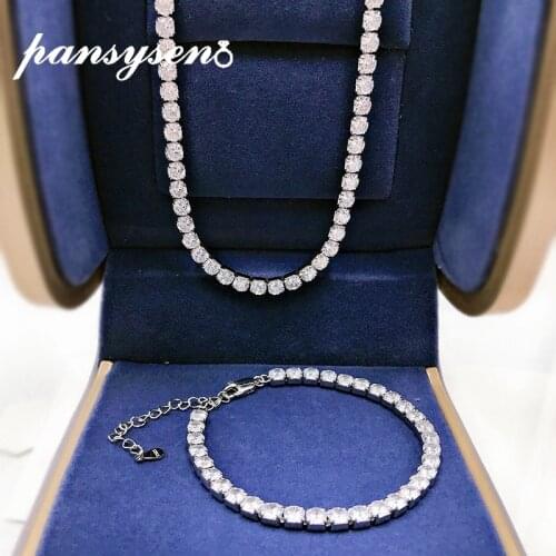 PANSYSEN Classic 925 Sterling Silver 4MM Round Simulated Moissanite Lab Diamonds Necklace Bracelet Jewelry Sets for Women Men