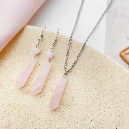MOMIJI Pink Crystal Necklace Earrings Set Silver Stainless Steel Natural Stone Jewelry Sets for Women Fashion Wedding Party Gift