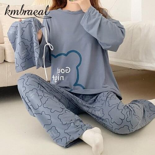 Korean Pajamas Women New Autumn Cute Cartoon Print Pyjamas Girls Kawaii Bear Pijama Plus Size Sleepwear Sets 2 Piece Home Suit