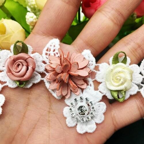 10X White Cotton Leather Rose Flower 3D Diamond Lace Trim Ribbon Embroidered DIY Wedding Dress Sewing Craft Vintage Applique