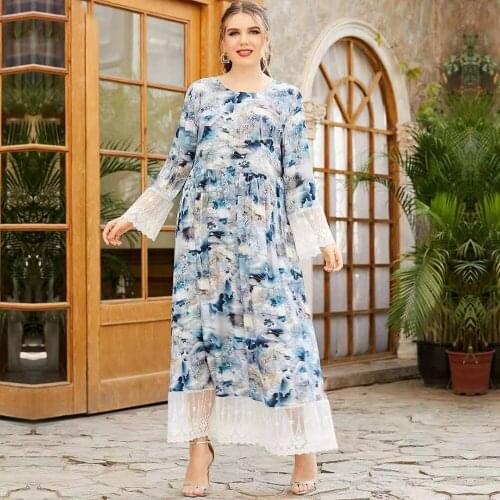 Summer Women Elegant Flare Sleeve O Neck Pullover High Waist Ink Fairy Long Dresses With White Lace Plus Size Clothing XXXL 4XL