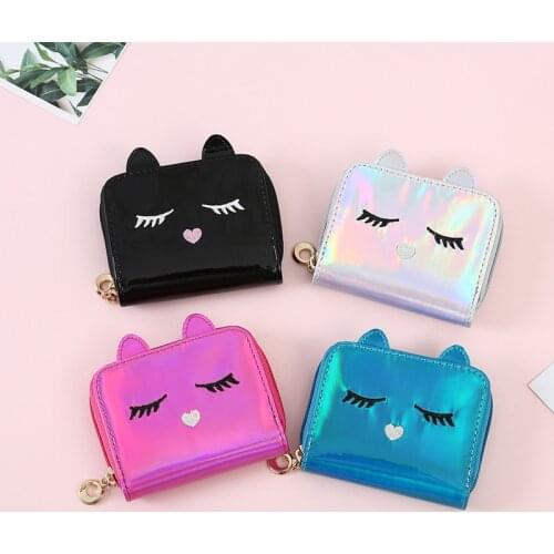 1pc Fashion Pu Leather Laser Cartoon Cat Coin Purses Hologram Wallets for Women Girls Kids Cute Zipper Card Holder Bag Cat Purse