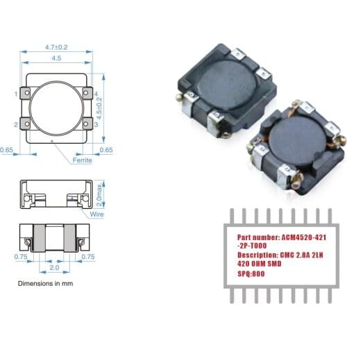 My Group Asia 800PCS ACM4520-421-2P-T000 2 Line Common Mode Choke Surface Mount 2.8A 420OHM SMD CMC Filters in Stock