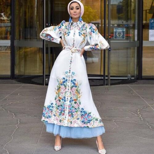 New Arabian Hijab Rop Digital Printed Waist Dress Muslim Fashion Turtleneck Robe Dubai Islamic Clothing Muslim Dresses for Women