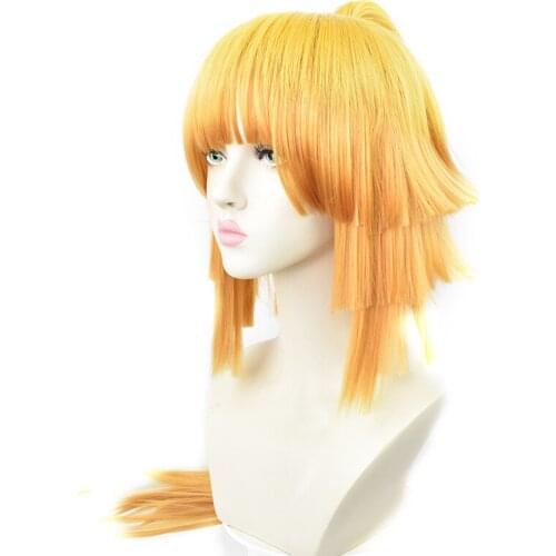 Halloween Cos Headgear Anime Kimetsu No Yaiba Demon Slayer Cos Wig Agatsuma Zenitsu Cosplay Yellow Long Straight Ponytail Hair