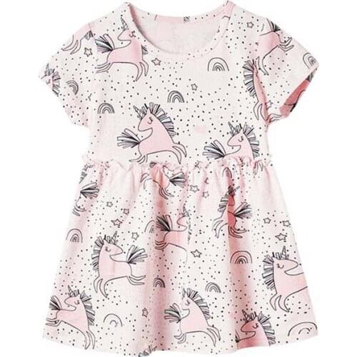 27kids Summer Girls Dress Comfortable Short Sleeve Printing Animal Horse Star Cute Skirt For Kids Casual Clothes 2-7Years