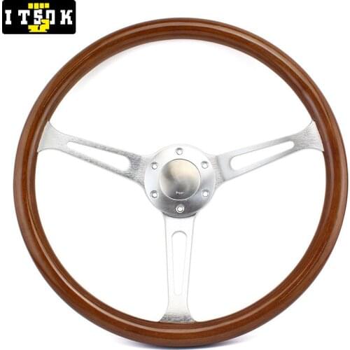 ITSOK 380mm Real Wood Steering Wheel 15 Inch Universal Classic Wooden Rim Aluminum Alloy Spoke Car Vintage Volante Madera