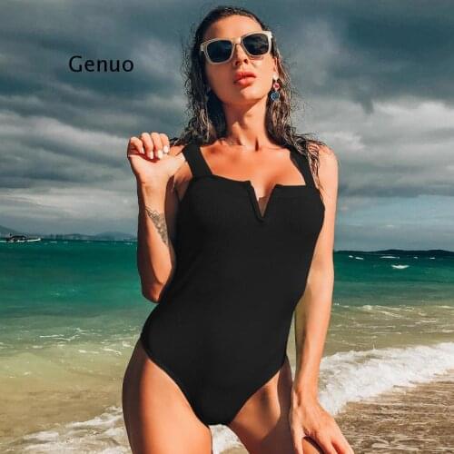 V-Neck Sexy One Piece Swimsuit Ribbed Swimwear Women Black Beachwear 2021 Swimming Suit for Women Sexy Bodysuit Summer