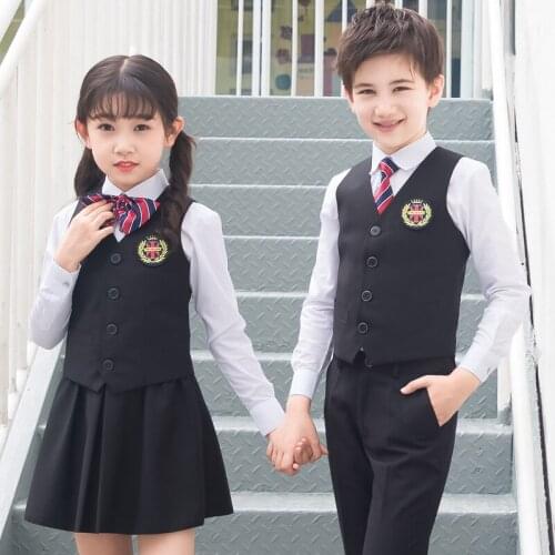 Spring Autumn England Style Kids School Uniforms 5PCS Sets Vest+Shirts+Boys Pants Girls Skirts+Tie+Badge Children Outfit 3-15T