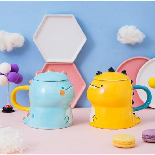 Cute Cartoon Dinosaur Coffee Mug with Cover Porcelain Hand Painted Creative Breakfast Milk Cup Ceramic Couple Teacup Drinkware
