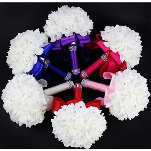2019 Crystal Beaded Artificial PE Rose Flowers Bridal Bouquets With Ribbon Handmade Flowers Bridesmaid Handholds Home Decoration