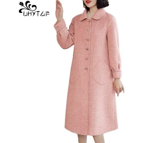 UHYTGF Plus size long Woolen jacket women coat fashion winter warm jacket women woolen coat jacket winter women lattice coat 693