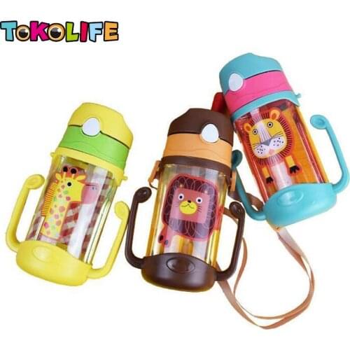 High Quality 400ml Cute Cartoon Water Bottle Lion Animal Kids Straw Bottle TypePrint Feeding Non-toxic Water Drinking Handle Bot