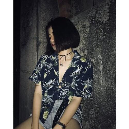 Women Vintage Harajuku Blouse Leaves Printed Korean Short Sleeve Casual Blusas Beach Female V Neck Shirts