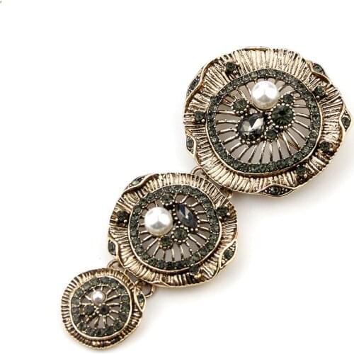 Sunspicems Vintage Long Crystal Pearl Women Brooch Round Flower Turkish Indian Banquet Jewelry Gray Rhinestone Bohemia Broohes