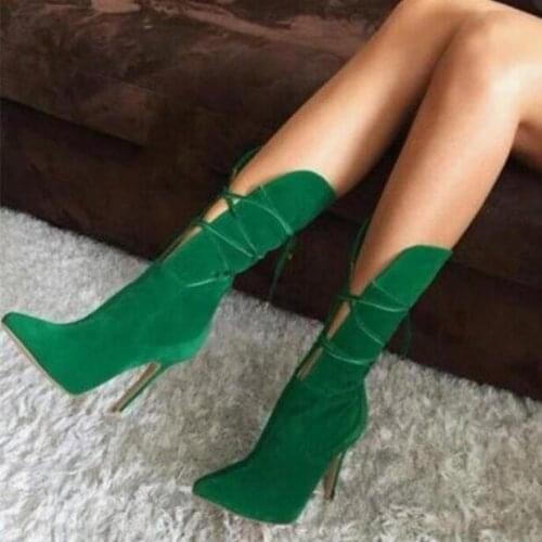 Green Suede Cross Lace-up Woman Pointed Toe V Open Boots Runway Fashion Stiletto Heels Cut-out Mid-calf Dress Boots Heel Shoes