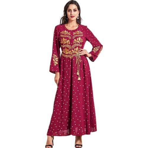 Women Abaya Muslim Embroidery Polka Dot Long Dress Plus Size Casual Fall Maxi Robe Islamic Arab Jilbab Turkish Middle East Gown