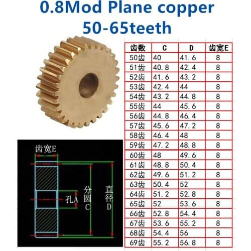 1pc Plane copper 0.8 mod 50t 51t 52t 53t 54t 55t 56t 57t 58t 59t 60t 61t 62t 63t 64t 65t teeth involute spur gear