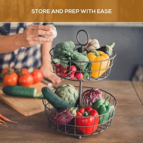 2 Tier Fruit Iron Wire Basket Sundries Snacks Tray Household Hollow Kitchen Metal Wire Storage Rack Counter Fruit Basket