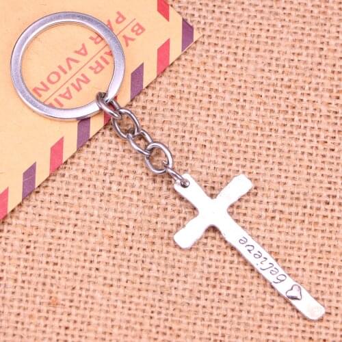 20pcs New Fashion Keychain 47*23 mm cross faith believe Pendants DIY Men Jewelry Car Key Chain Ring Holder Souvenir For Gift