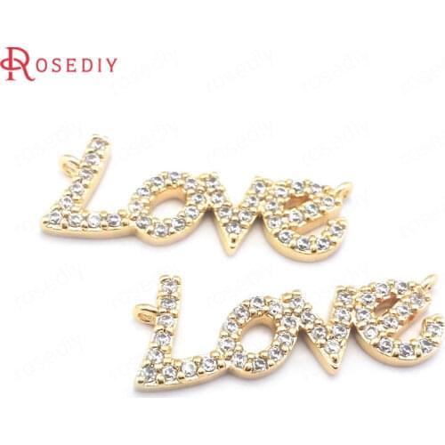39635)2PCS 24x9MM 24K Gold Color Brass and Zircon LOVE Letters Connect Charms Pendants Jewelry Making Supplies Diy Accessories