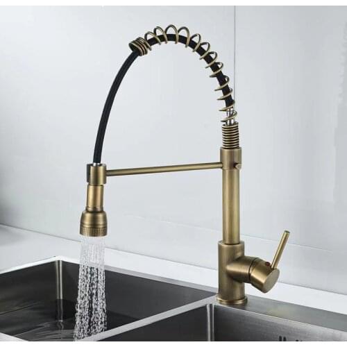 Antique Deck Mounted Flexible Kitchen Faucets Pull Out Mixer Tap Hot and Cold Kitchen Faucet Spring Style with Spray Mixers Taps