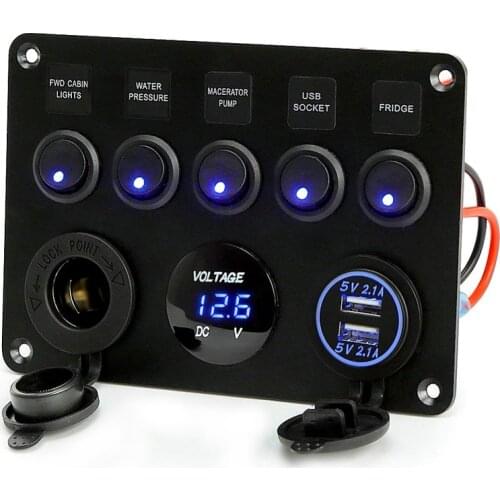 Car Marine Boat 5-Gang 12V USB ON-OFF Waterproof Circuit Blue LED Light Rocker Switch Panel Breaker