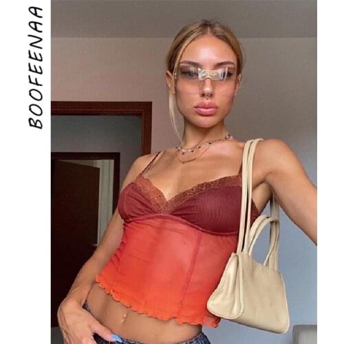 BOOFEENAA Orange Sheer Mesh Camisole Sexy Crop Tops for Women Clothes Lace Trim V Neck Tank Top Clubwear Rave Outfit C71-AH10