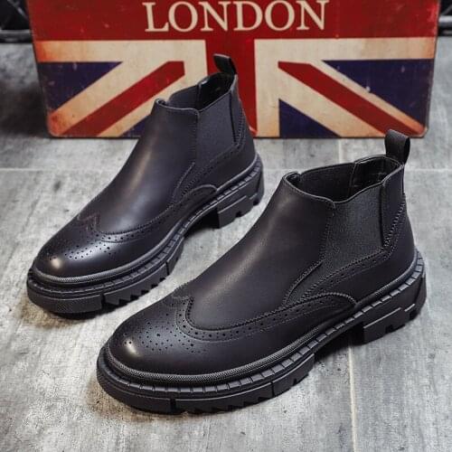 Italian brand designer men fashion wedding party chelsea boots cow leather brogue shoes carved bullock platform boot black botas