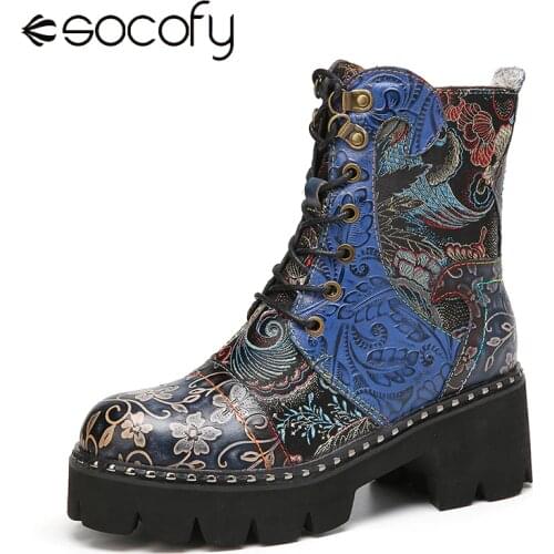 SOCOFY Retro Style Round Toe Boots Embossing Floral Embroidery Cloth Leather Splicing Short Flat Boots Casual Botas Mujer 2020