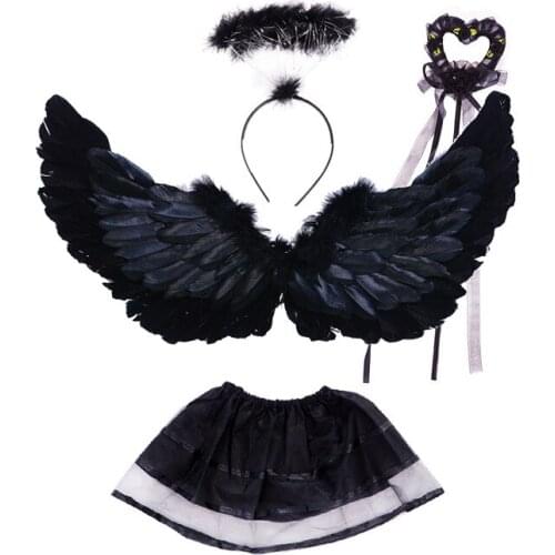 Black White Adult Kids Angel Feather Wings Halo Ring Wands Tutu Photo Prop Stage Show Costume Wedding Party Birthday Gift