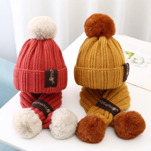 Kids Winter Scarf+Hats Sets Children Stripe Knitted Beanies with Plush for boys and Girls Scarf Keep warm Caps With Fur Pompom