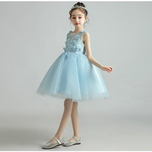 Flower Girl Dresses Illusion Appliques Pearls Embroidery O-Neck Princess Knee-Length Tulle Lace Sleeveless Kids Party Gown H348