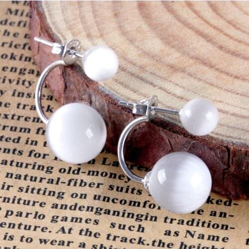 FYJS Unique Silver Plated Layer White Cat Eye Stone Round Beads Stud Earrings for Women Jewelry