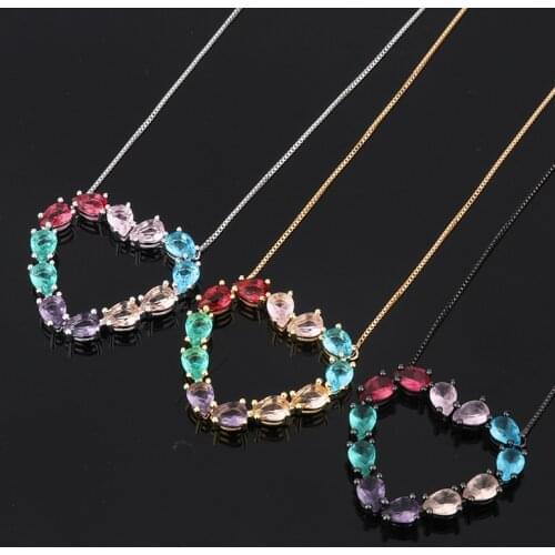 Funmode Classic boho Rainbow Color Waterdrop Cubic Zircon Heart Pendants Necklace For Women Wedding Party Wholesale FN36