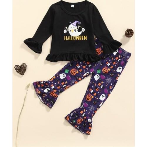 2Pcs Kids Halloween Outfits Letters Flared-Sleeves Tops + Cartoon Printed Bell-Bottoms for Girls 6 Months to 5 Years