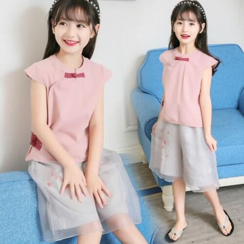 Girls' Summer Wear New Summer Childrens Wear Short Sleeve Chinese Style Girls' Clothing Baby Two Sets 2-12 Ages