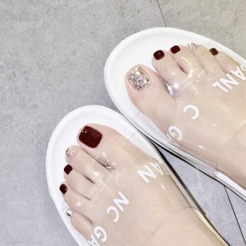 Coffee pure color with Silver shards UV gel false nails for toe french 24pcs with glue short size cute summer toe nails