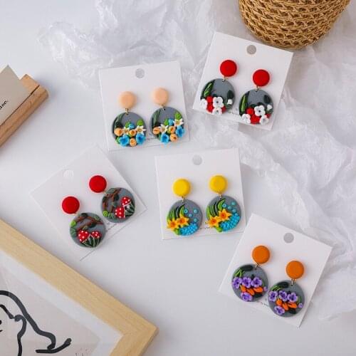 Origin Summer Korean Vintage Colored Flowers Polymer Clay Dangle Earring for Women Girls Contrasted Handmade Earring Jewelry