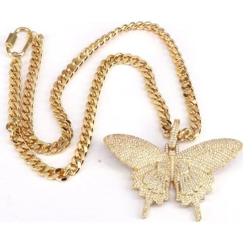 3Pcs Big size Cubic Zirconia Butterfly pendant charm cuban Link-Chain bling women necklace jewelry golden