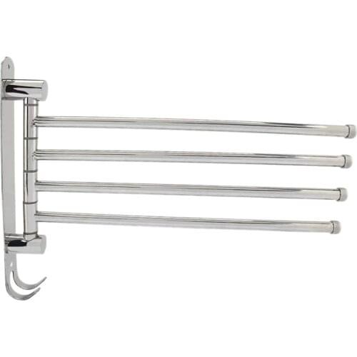 Swivel Towel Rack Bar 304 Stainless Steel 4-Arm Bathroom Swing Hanger Towel Holder Storage Organizer Space Saving Wall