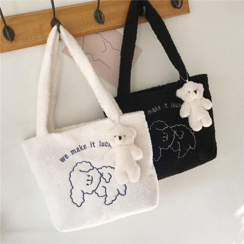 Cute Cartoon Embroidery Tote Handbag Women Shoulder Bags Messenger Bag Big Capacity Plush Bags With Pendant