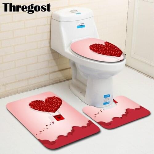 Thregost 3Pcs Bathroom Mat Set Floor Rugs Valentines Day Print Flannel Toilet Seat Cover Bath Rugs for Home Bathroom