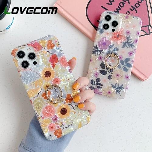 LOVECOM Vintage Flower Dream Shell Phone Case With Ring For iPhone 11 12 Pro Max XS Max X XR 7 8 Plus Soft IMD Classic Cover Bag