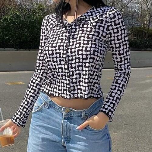 Womens Stylish Printed Shirts Long Sleeve Lapel Buttons Down Slim Fit Ladies Trendy Classic Wild Casual Cropped Shirt Tops