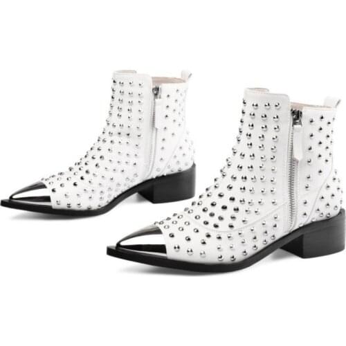 Womens Punk Studded Boots Real Cow Leather Metal Cap Low-heeledmotorcycle Boots Ladies Black White Pointed Rivets Summer Shoes