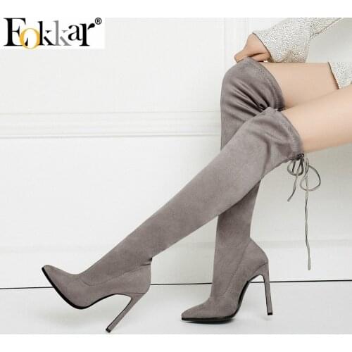 Eokkar 2020 Stiletto Heels Over The Knee High Boots Women High Heel Stretch Flock Winter Shoes Black Thigh High Boots Size 34-43